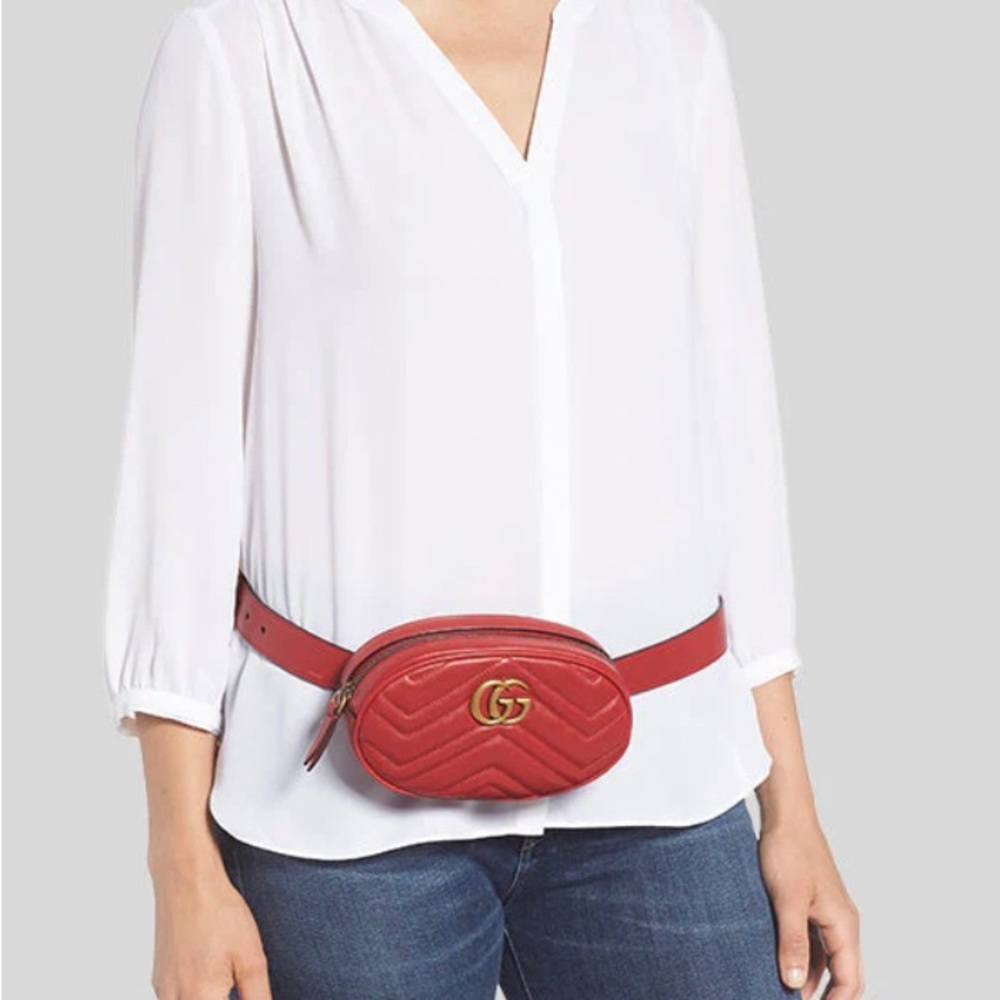 Gucci 476434 DSVRT 6433 Marmont 2.0 Women's Red Matelasse Leather Belt Bag